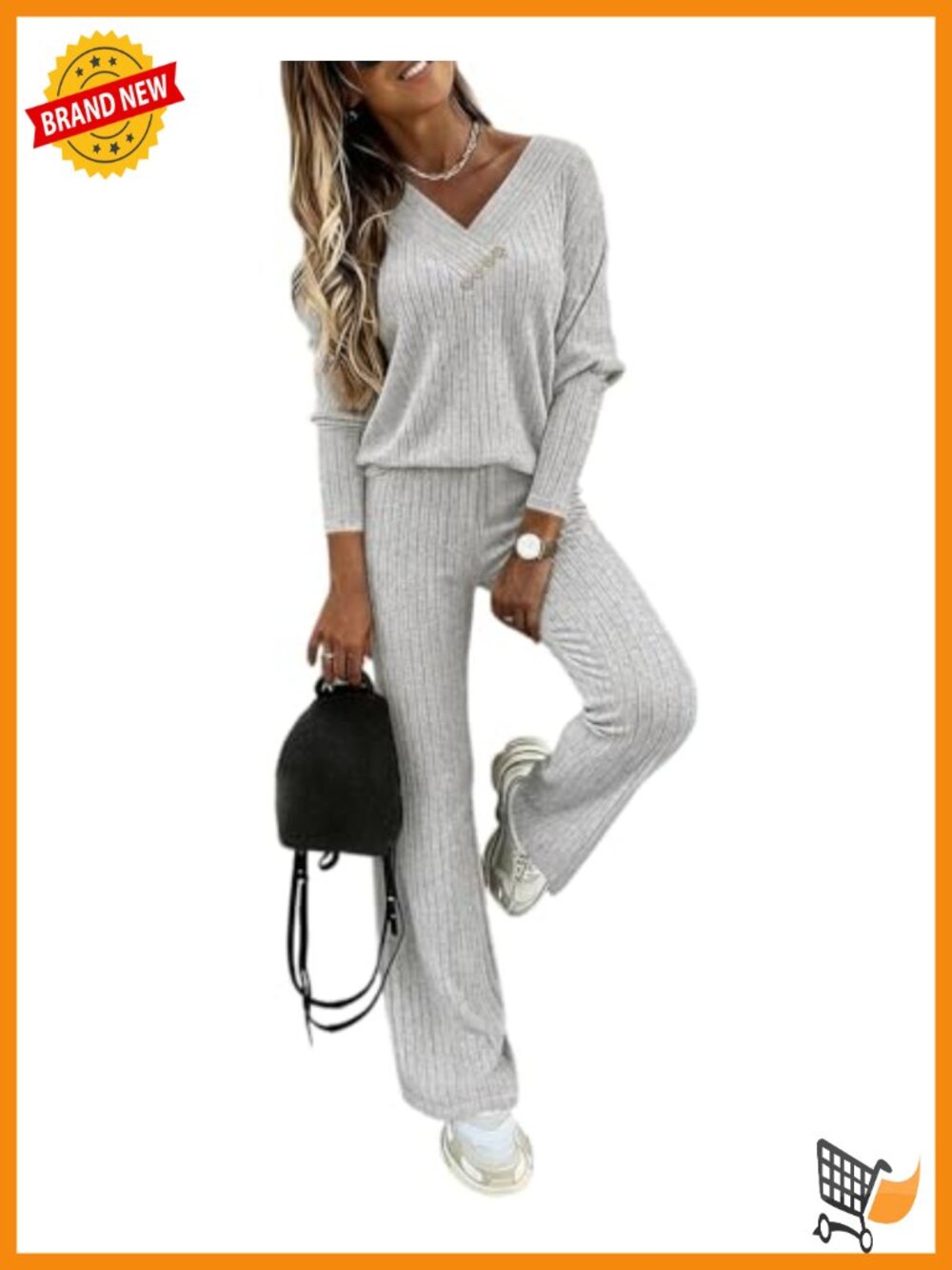 Ribbed Knit 2 Piece Lounge Set Wide Leg Pants V Neck Button Top